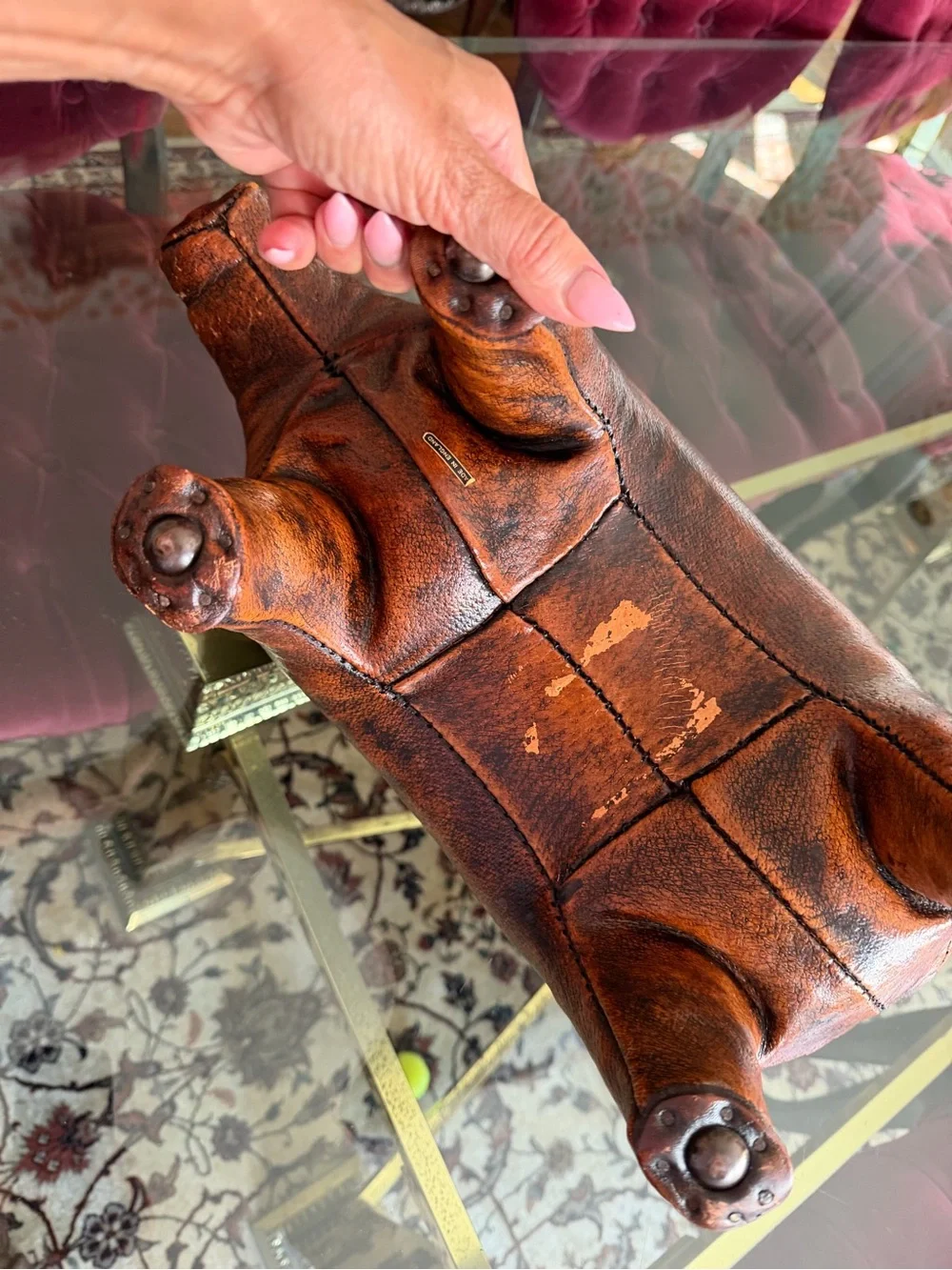 Vintage-Style Brown Leather Pig Accent - Home Dining Decor